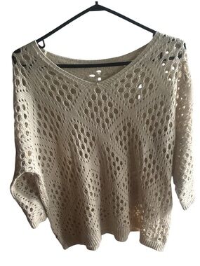 UNBRANDED Women’s Lightweight Beige Open-Knit Crochet V-Neck 3/4 Sleeve Sweater